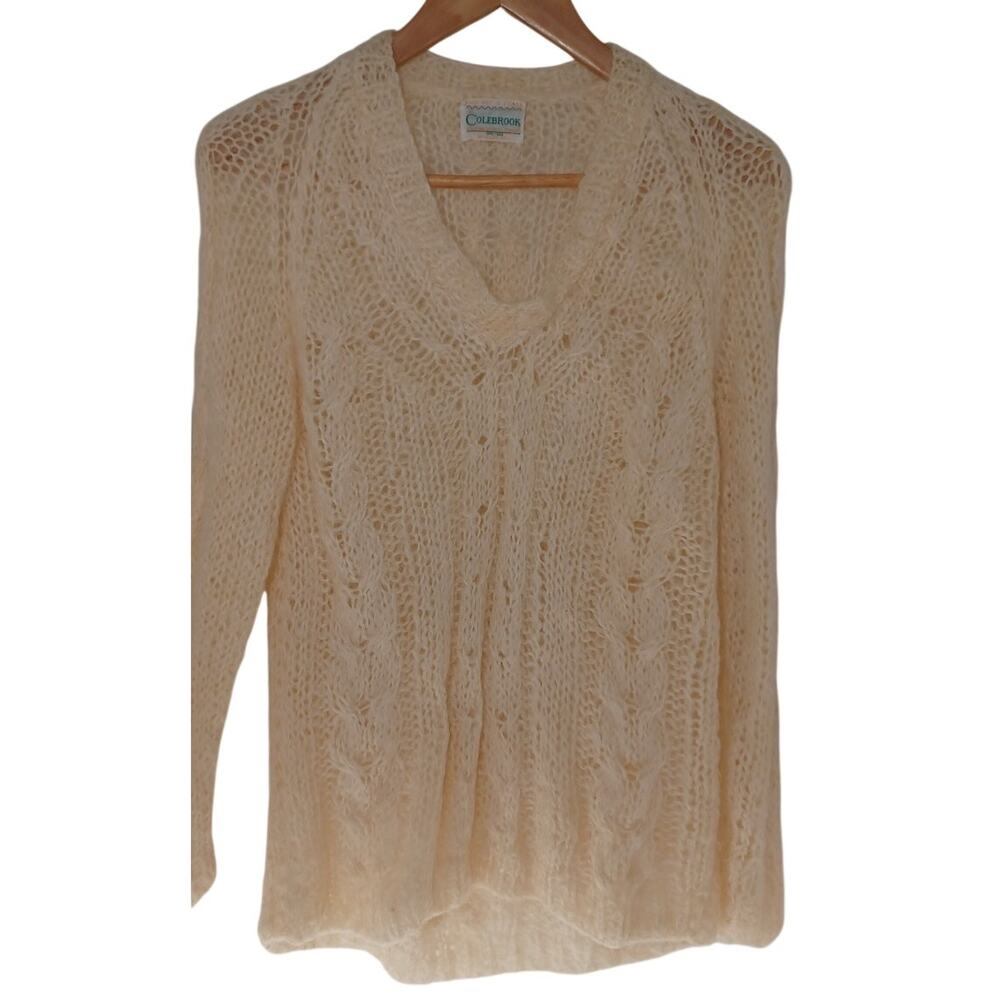1970s Colebrook Cream Mohair Wool Cable Knit Sweater Size Small Cottagecore